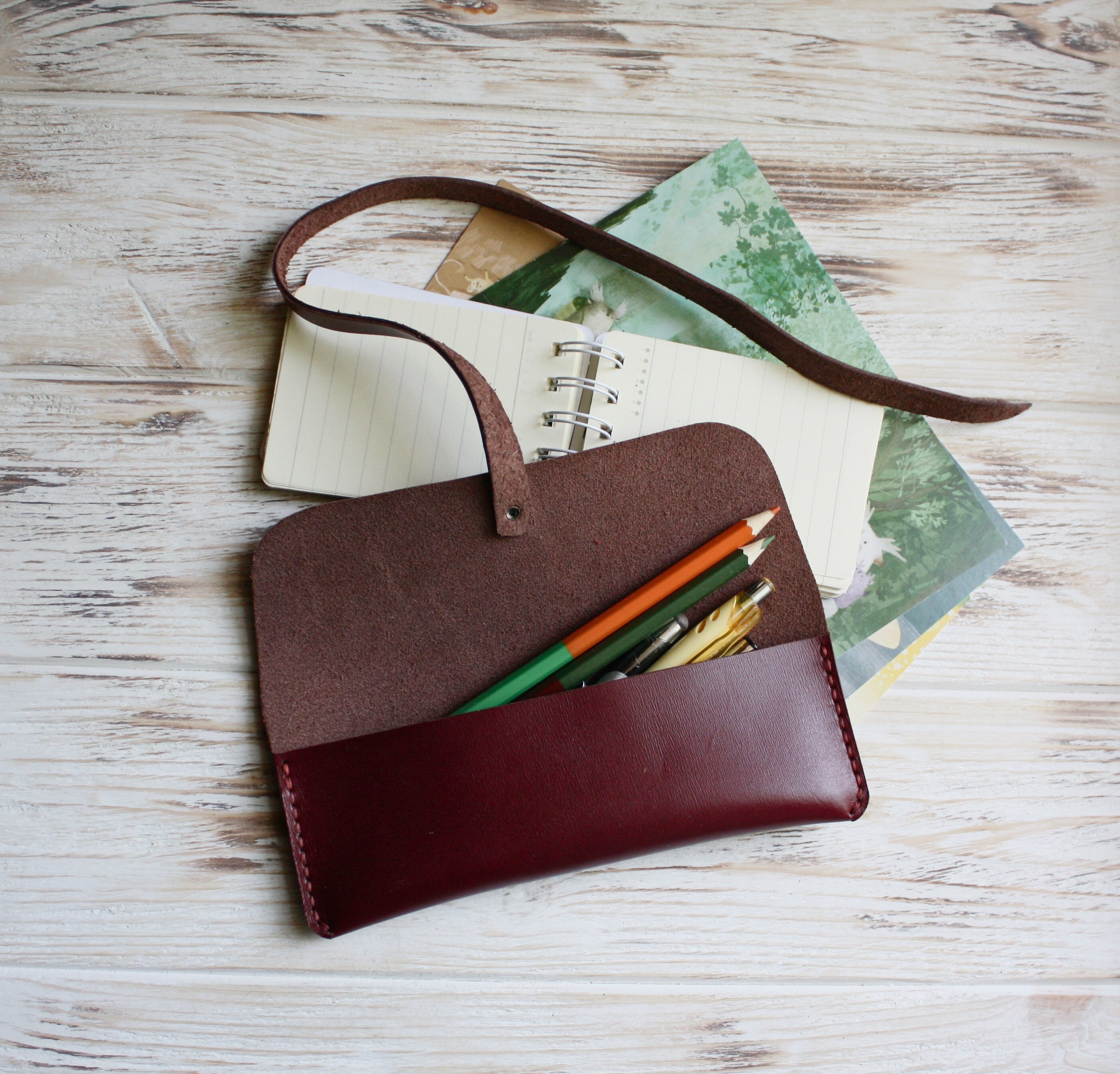 Minimalist leather pencil pouch / Leather pen wrap / Maroon Etsy
