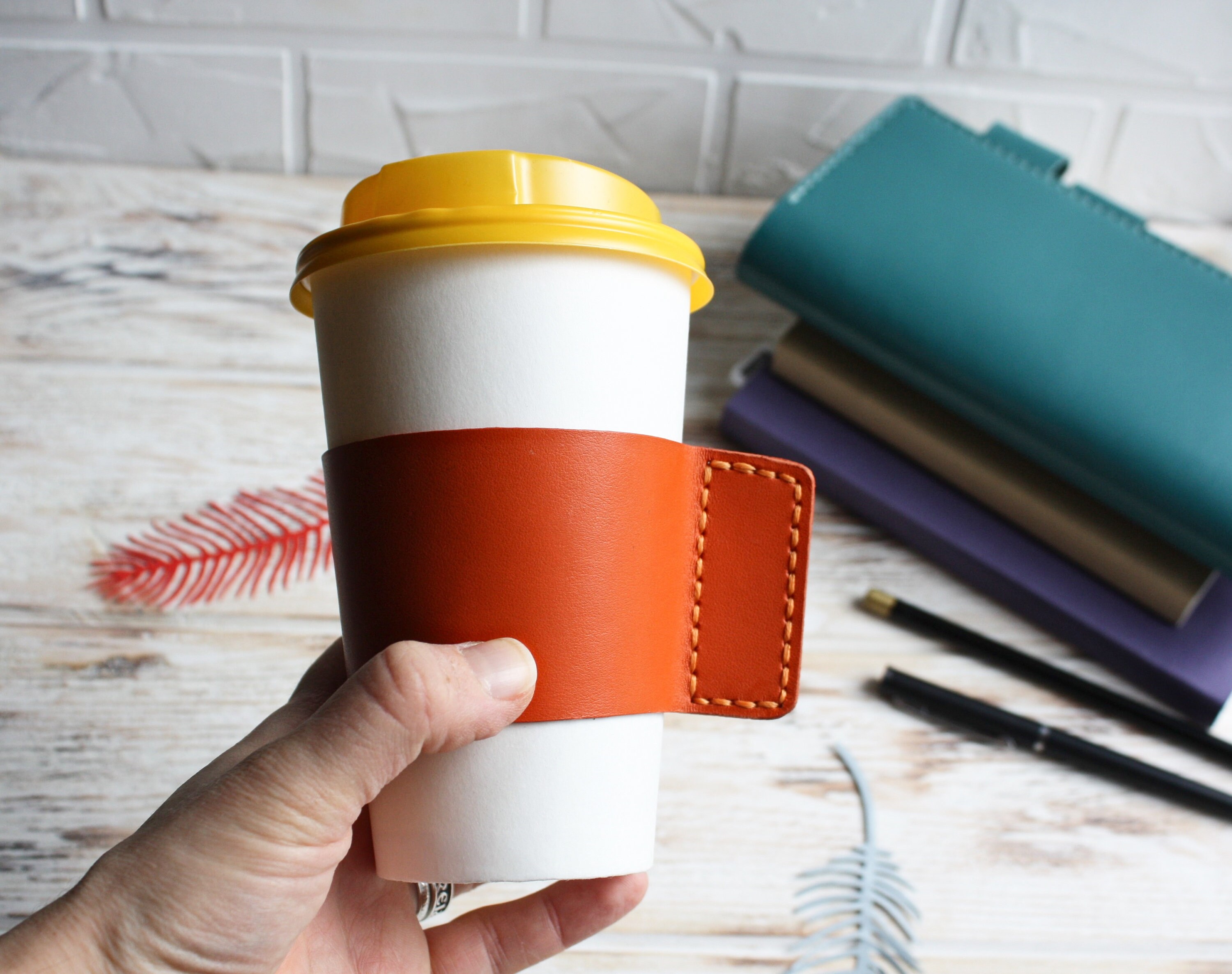 Orange leather coffee cup sleeve / Reusable leather cup cozy / Etsy