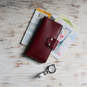 Cartera de viaje de piel burdeos / Portadocumentos de viaje de piel / Organizador de viaje de piel / Accesorios de viaje de piel
