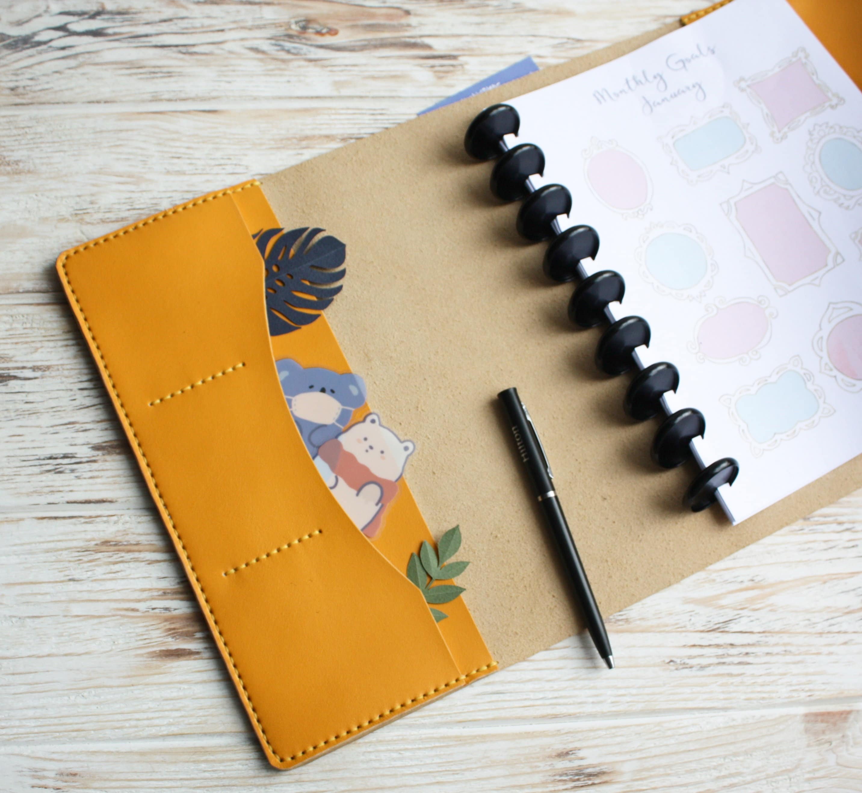 Yellow leather Happy planner cover / Classic big mini skinny Etsy