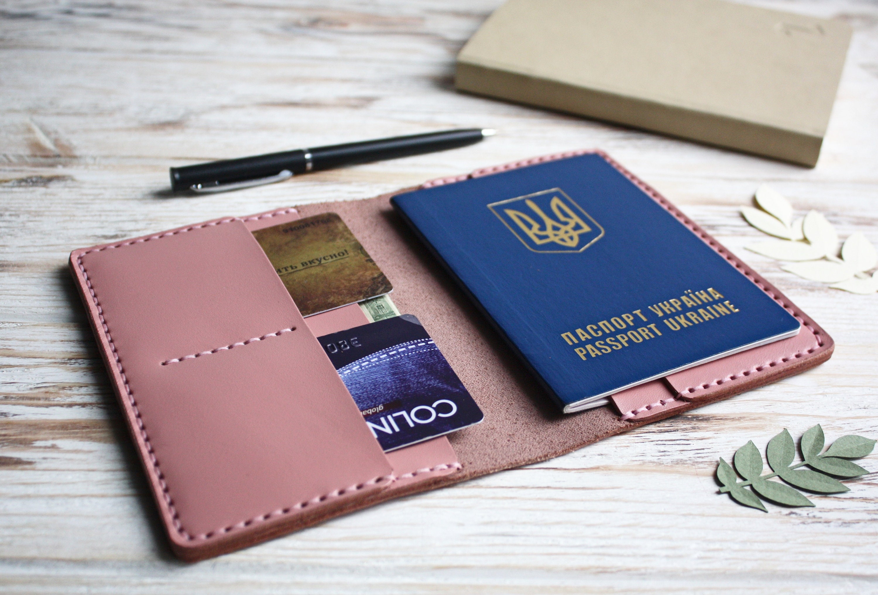Pink leather passport holder / Leather passport cover Etsy