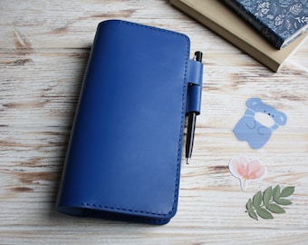 Blaues Hobonichi-Wochen-Mega-Cover aus Leder / Hobonichi-Techo-Cover aus Leder A6 / Slim-Planer-Cover B6 / Hobonichi-Cousin-Cover aus Leder A5