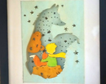 Little Prince light frame painting in wood cut by fretwork. Artisanal work