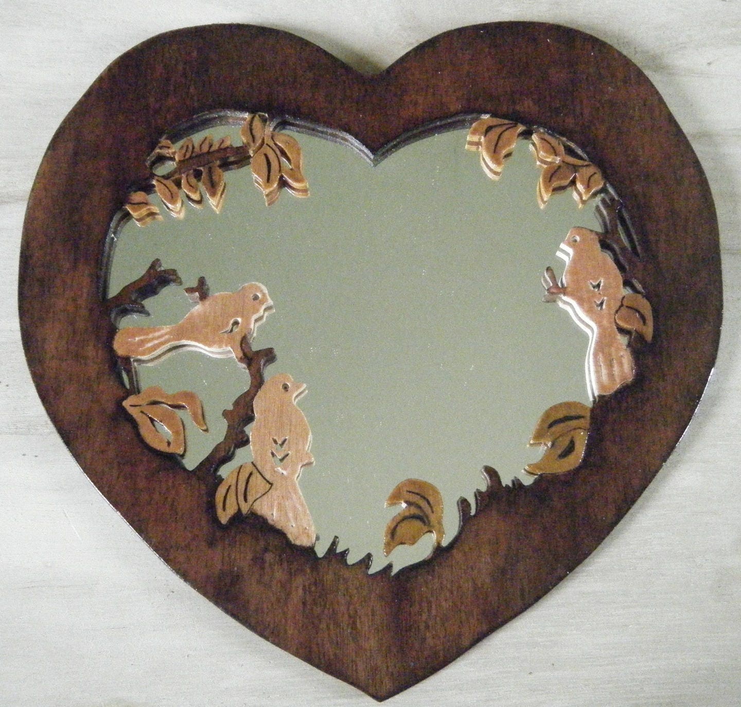 Miroir Coeur Oiseaux Bois Découpé