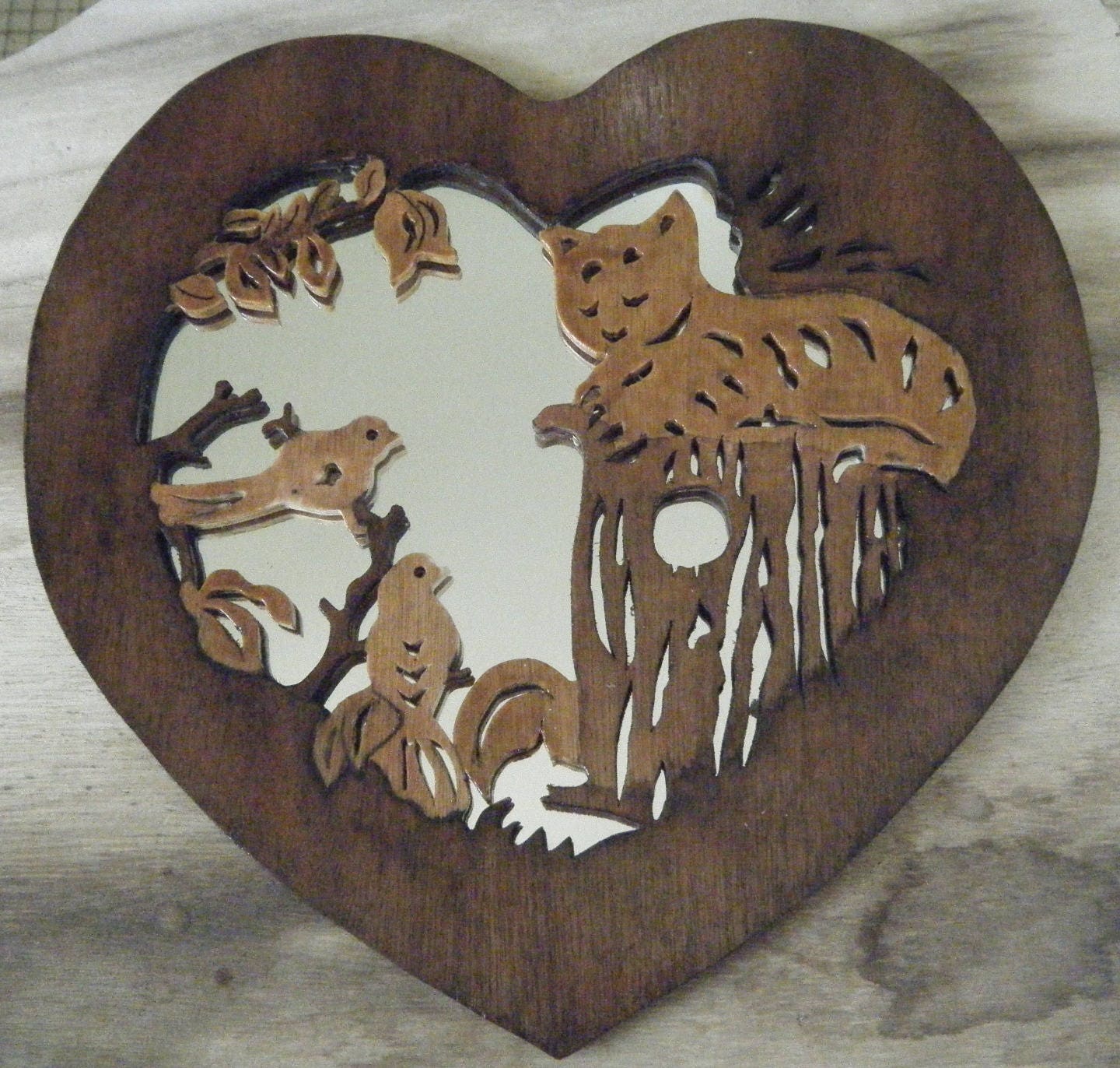 Miroir Coeur Chat Oiseaux Bois Découpé