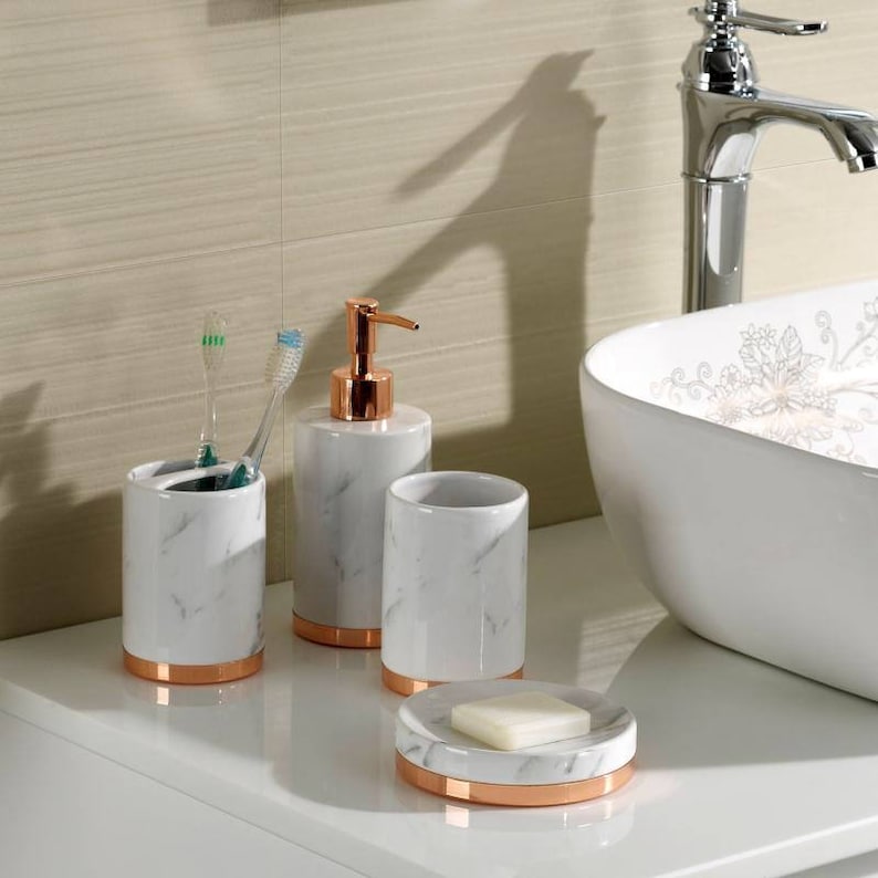 Marble Look with Rose Gold Trim 5 Piece Bathroom Accessory