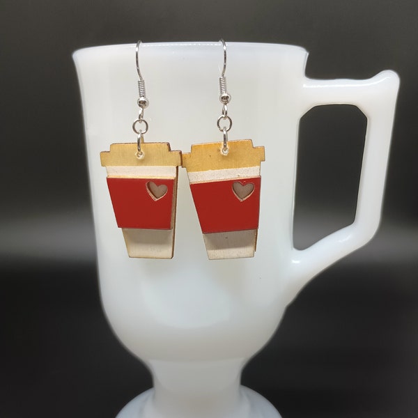 Red Cozy Coffee Mug Earrings, Wooden coffee cup drop dangles, mocha fashion, cappuccino earrings, latte mug earrings