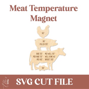 May include: A wooden cutout of a cow, pig, and chicken stacked on top of each other. The cutout is labeled with different meat temperatures for rare, medium rare, medium, medium well, well done, pulled pork, and brisket. The cutout is a magnet and is perfect for a kitchen or grilling area.