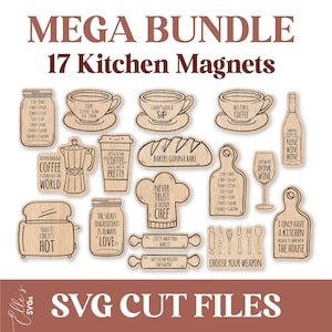 18 aimants de cuisine mignons SVG, lot MEGA, fichiers de coupe SVG, aimant en bois, fichier découpé au laser, Glowforge, cadeau pour amateur de café, aimant de cuisine mignon