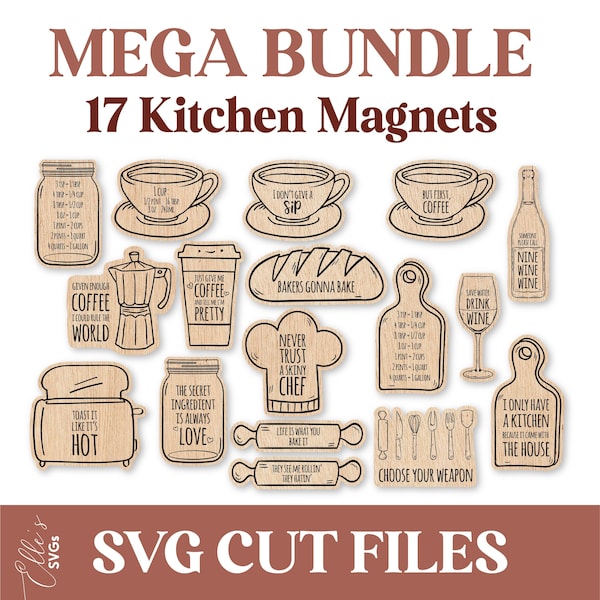 18 Cute Kitchen Magnets SVG, MEGA Bundle, SVG Cut Files, Wood Magnet, Laser Cut File, Glowforge, Coffee Lover Gift, Cute Kitchen Magnet