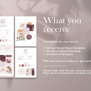 May include: Three brand board templates for a business called "Hes Treasures Design Studio". The templates include a full-size brand board, a mini brand board, and a mood board. The templates feature a pink and burgundy color scheme with floral accents.