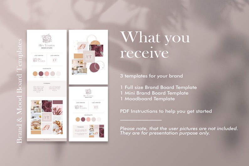 May include: Three brand board templates for a business called "Hes Treasures Design Studio". The templates include a full-size brand board, a mini brand board, and a mood board. The templates feature a pink and burgundy color scheme with floral accents.