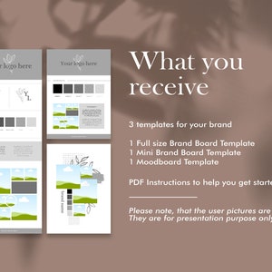 May include: Three printable templates for creating a brand mood board. The templates include a full-size brand board, a mini brand board, and a mood board. The templates feature a green and white color scheme with a simple floral design.