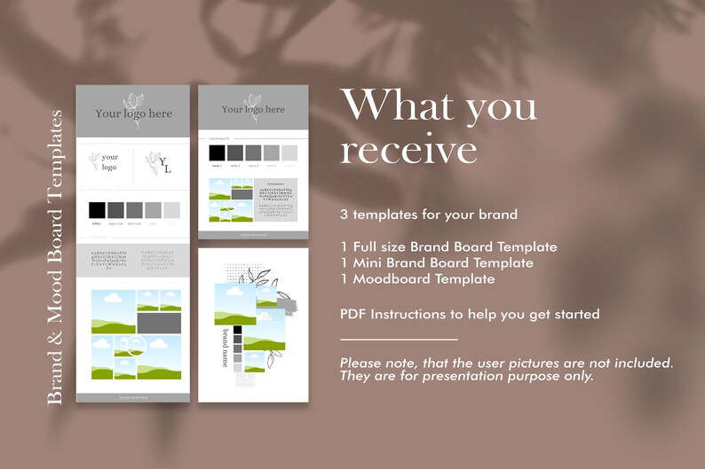 May include: Three printable templates for creating a brand mood board. The templates include a full-size brand board, a mini brand board, and a mood board. The templates feature a green and white color scheme with a simple floral design.