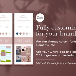 May include: Two customisable brand board templates with a colour palette, typography, and image examples. The templates are designed for use with Canva and feature the text "Fully customisable for your brand".