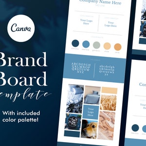 Op de afbeelding: Sjabloon voor een merkboard met een kleurenpalet, typografie en moodboard. Het kleurenpalet omvat donkerblauw, lichtblauw, grijs, beige en crème. Het moodboard bevat afbeeldingen van een hond, een deken en een tarweveld.