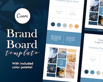 Brand Board Template, Branding Board Canva, Style Guide, Blue, Copper, Brand Templates, Color Palette, Feminine Branding, Blogger Branding