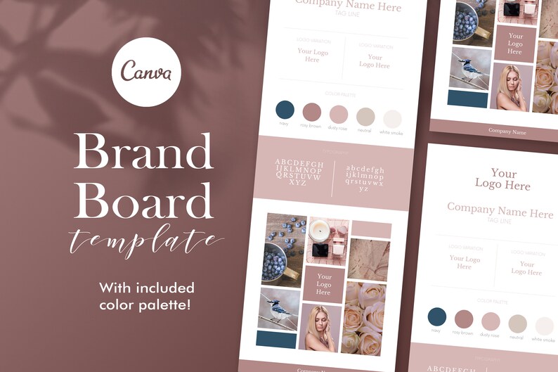 May include: Brand board template featuring a colour palette, fonts, and mood board. The colour palette includes navy blue, dusty rose, neutral, and white. The mood board includes images of flowers, birds, and a woman.