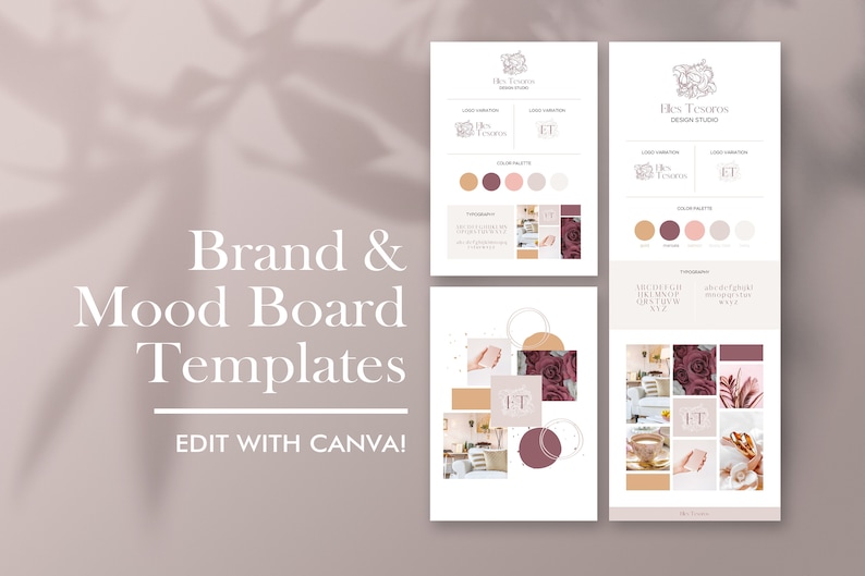 May include: Brand and mood board templates with a floral theme. The templates feature a color palette of blush pink, burgundy, and cream. The text "Hes Tesoros Design Studio" is included on the templates.