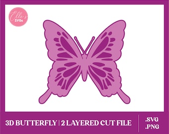 Könnte beinhalten: Ein zweischichtiges, lila Schmetterlingsdesign mit komplizierten Flügelmustern. Das Bild enthält den Text "3D BUTTERFLY | 2 LAYERED CUT FILE" und die Dateitypen ".SVG" und ".PNG". Das Design befindet sich vor einem weißen Hintergrund mit einem lila Rahmen.