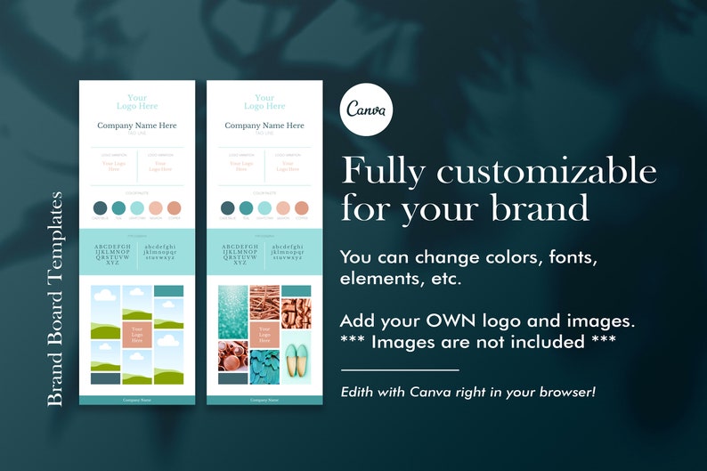 Peut inclure: Deux mod&egrave;les de planche de marque personnalisables avec des palettes de couleurs et des mises en page d'images diff&eacute;rentes. Les mod&egrave;les comprennent un espace pour un logo, un nom d'entreprise, des &eacute;chantillons de couleurs, des styles de police et une grille d'images. Le texte "Enti&egrave;rement personnalisable pour votre marque" est affich&eacute; au-dessus des mod&egrave;les.