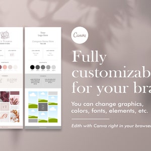 May include: Two brand mood board templates with a Canva logo. The first template features a logo, color palette, typography, and a mood board with images of flowers, a table setting, and a hand holding a cup. The second template features a logo, color palette, typography, and a mood board with images of clouds, a green hill, and a gray square.