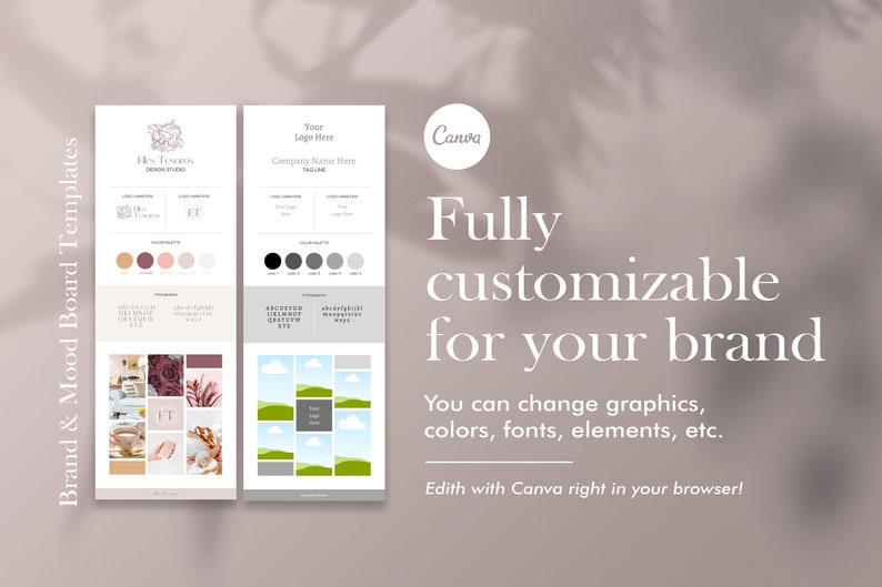 May include: Two brand mood board templates with a Canva logo. The first template features a logo, color palette, typography, and a mood board with images of flowers, a table setting, and a hand holding a cup. The second template features a logo, color palette, typography, and a mood board with images of clouds, a green hill, and a gray square.