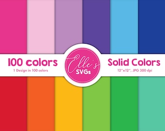 May include: A digital download of 100 solid color digital papers in JPG format. Each paper is 12 inches by 12 inches and 300 dpi. The colors range from pink to purple, blue, green, yellow, orange, and red.