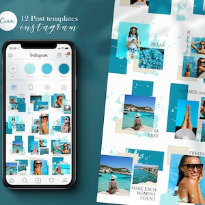 May include: A collage of 12 Instagram post templates featuring a summer theme. The templates feature images of people enjoying the beach, swimming, and relaxing. The text on the templates includes phrases like "Relax", "Summer 2020", "Be Free", "Make Each Moment Count", "Enjoy", "Happiness", and "Freedom".