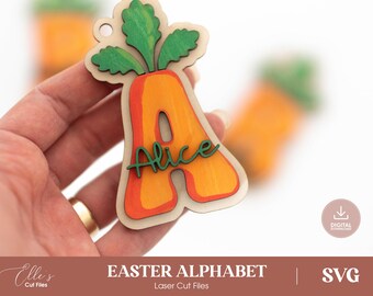 Pasen alfabet lasergesneden bestanden | Wortelletters SVG DXF | Pasen-naamsleutelhanger | Tag kinderrugzak | Lasergesneden alfabet