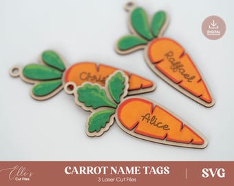 Pasen wortel naamkaartjes gesneden SVG-bestanden | 3 blanco ontwerpen voor naamkaartjes | Gepersonaliseerde kindersleutelhanger | Rugzaklabel | Laser Cricut-silhouet
