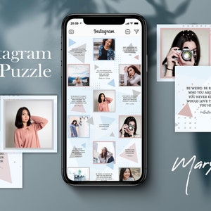 Blue Instagram Template, Instagram Puzzle Layout, Canva Template, Instagram Collage, Feminine Instagram Post, Template, Blogger Resources