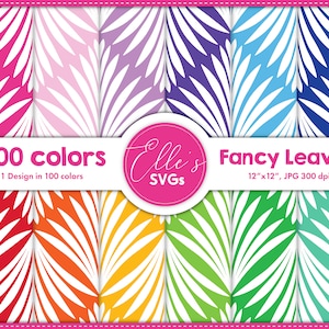 Puede incluir: Una descarga digital de 100 variaciones de color diferentes de un patrón de hojas blancas sobre un fondo de color. El patrón se llama "Fancy Leaves" y mide 12 pulgadas por 12 pulgadas, 300 dpi.