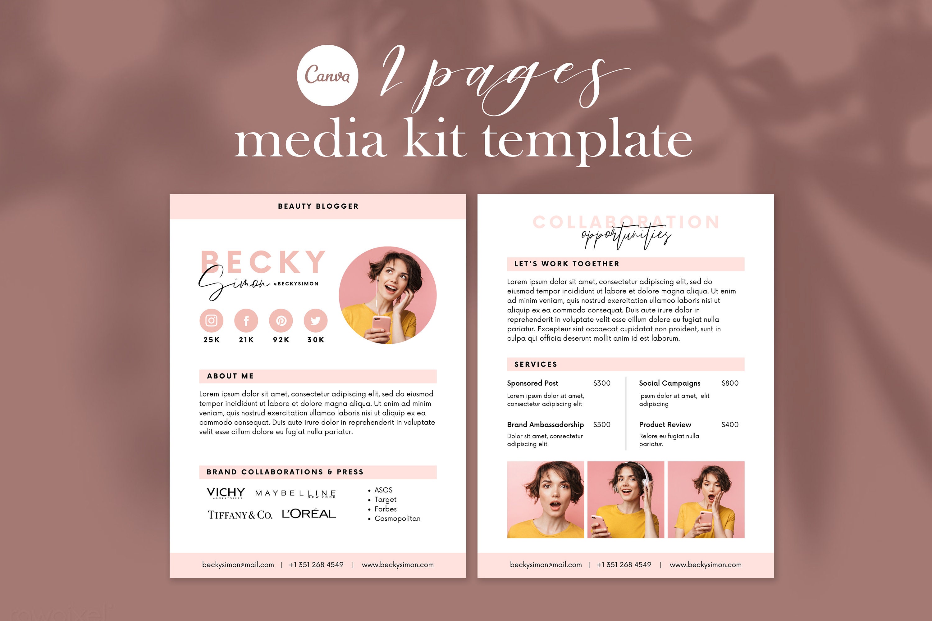 2 ページ メディア キット テンプレート | Blogger | メディア プレス キット テンプレート | Canva テンプレート |  インフルエンサー メディア キット テンプレート | Instagram インフルエンサー - Etsy 日本, image size:3000x2000