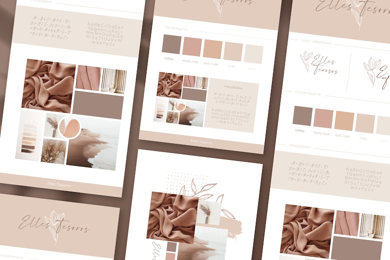 May include: Brand identity guide for Elles Tessons, featuring a logo with a stylized flower and the text "Elles Tessons". The guide includes a color palette with shades of brown and pink, typography examples, and mood board images.