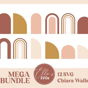 May include: Set of 12 digital SVG files featuring abstract arches in various colors, including brown, beige, pink, and gold. The arches are perfect for creating wall art, home decor, and other craft projects.  The text "Elle's SVGs" and "12 SVG Chiara Walls" is included in the image.