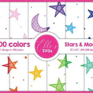 100 Colors Digital Paper, Stars & Moon Pattern Digital Paper 100 Colors, Scrapbooking, Sky, Printable Paper, Background, Instant Download