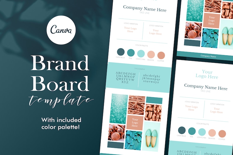 Peut inclure: Mod&egrave;le de planche de marque avec une palette de couleurs turquoise, bleu sarcelle et cuivre. Le mod&egrave;le comprend un nom d'entreprise, un slogan, un logo, une palette de couleurs et une typographie.