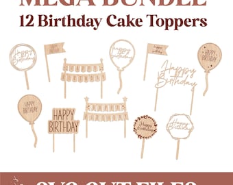 12 verjaardagstaart topper SVG-bundel | 12 moderne lasergesneden bestanden | Digital Xtool, Omtech, Glowforge-toppers voor verjaardagsfeestjes