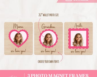 3 geschulpte fotolijst magneet lasergesneden bestanden, hart cirkel rechthoek frame SVG-bundel Glowforge koelkastmagneet sjabloon Xtool fotolijst