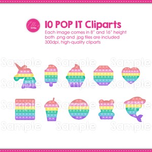 Puede incluir: Una colecci&oacute;n de 10 im&aacute;genes predise&ntilde;adas Pop It coloridas en varias formas, incluyendo un unicornio, helado, cupcake y coraz&oacute;n. El texto dice "10 POP IT Cliparts" e incluye informaci&oacute;n sobre el tama&ntilde;o del archivo.