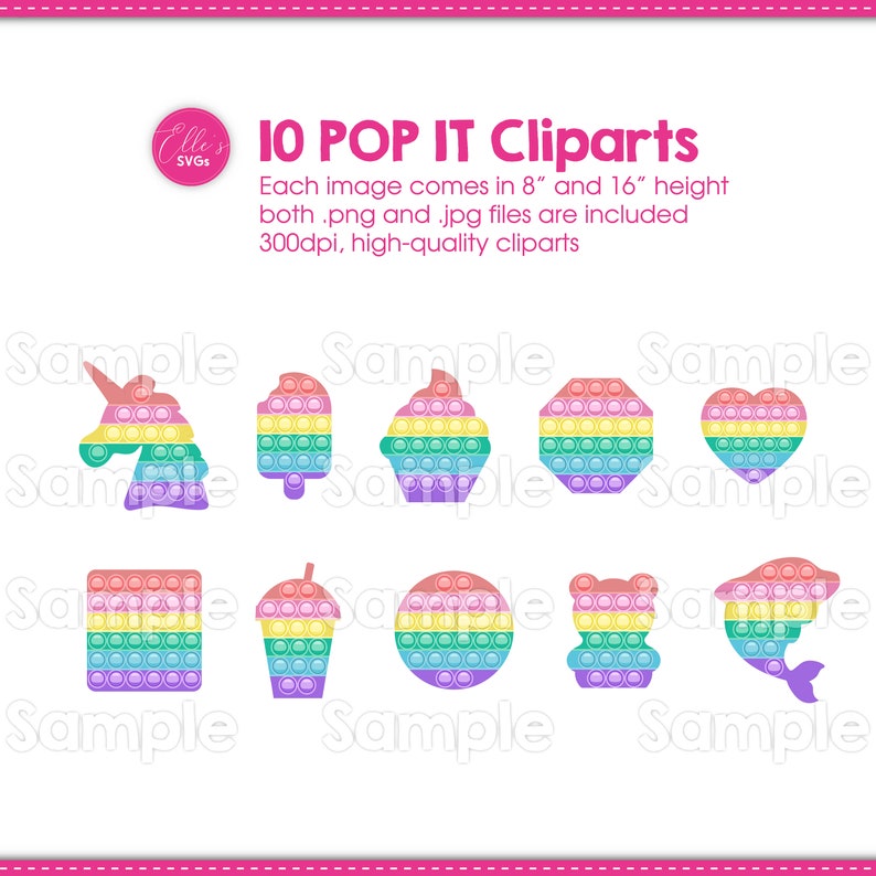 Puede incluir: Una colecci&oacute;n de 10 im&aacute;genes predise&ntilde;adas Pop It coloridas en varias formas, incluyendo un unicornio, helado, cupcake y coraz&oacute;n. El texto dice "10 POP IT Cliparts" e incluye informaci&oacute;n sobre el tama&ntilde;o del archivo.
