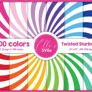 May include: A set of 100 digital paper designs featuring a twisted starburst pattern in various colors. Each design is 12 inches by 12 inches and 300 dpi. The text "100 colors" and "1 Design in 100 colors" is displayed on a white banner. The text "Twisted Starburst" and "12"x12", JPG 300 dpi" is displayed on a white banner. The text "Elle's SVGS" is displayed on a pink circle.