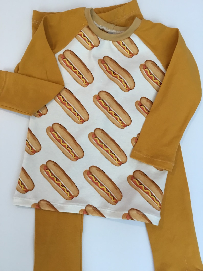 Hot dog print pajamas Organic cotton jersey pajamas Children\u2019s pajamas Toddlers pajamas Hot dogs with grey or mustard colored jersey