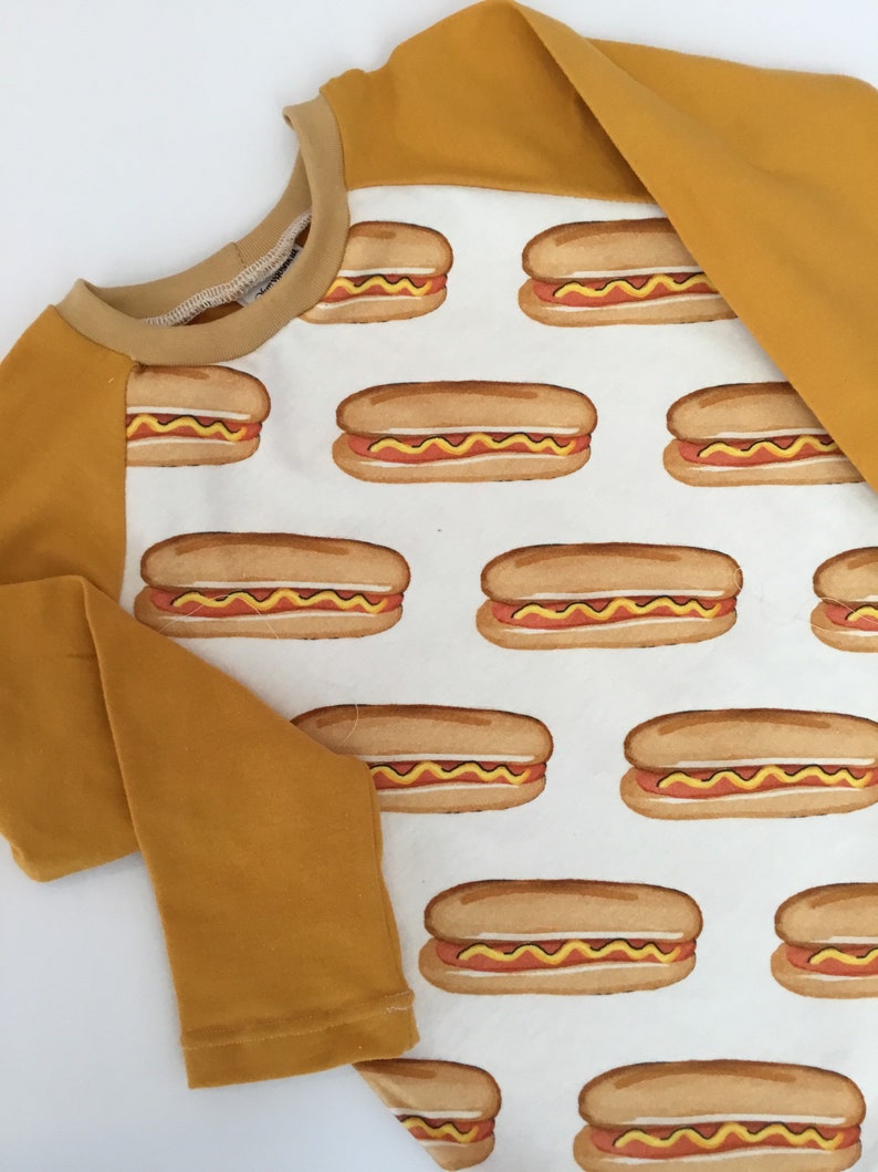 Hot dog print pajamas Organic cotton jersey pajamas Children\u2019s pajamas Toddlers pajamas Hot dogs with grey or mustard colored jersey