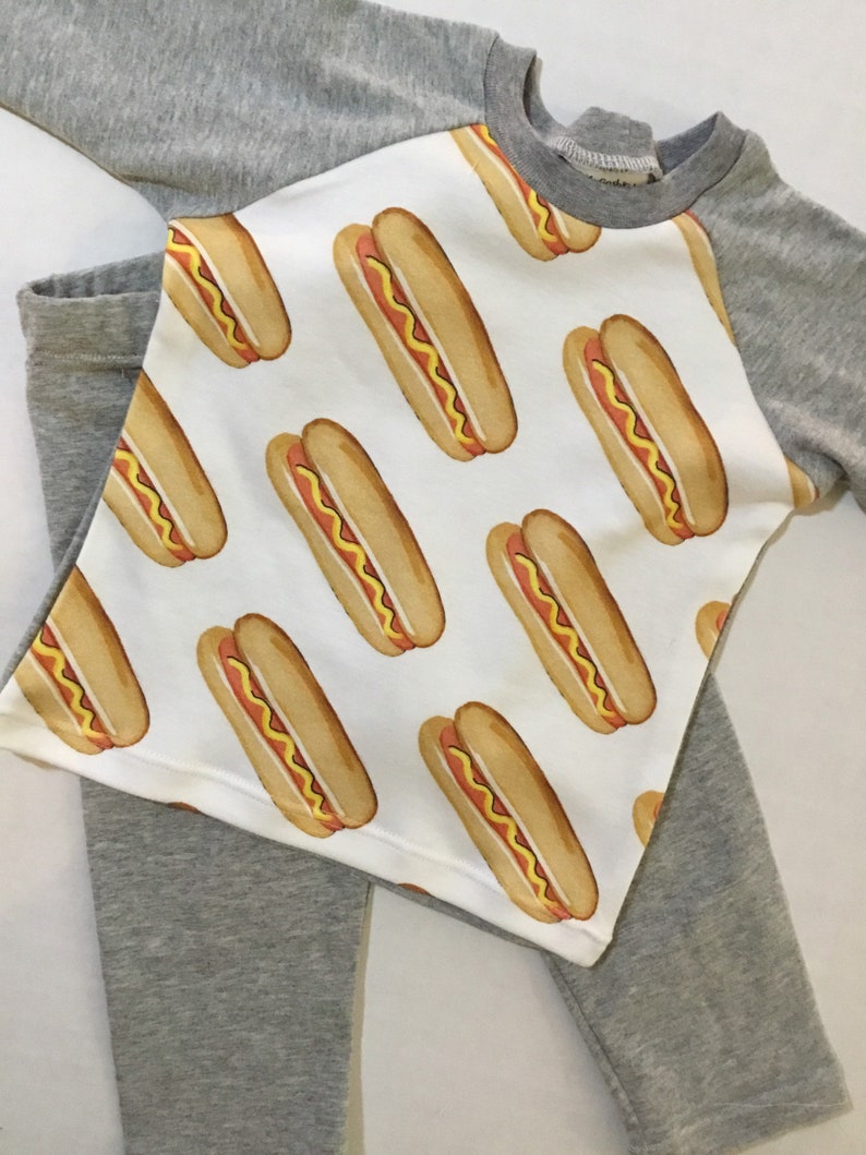 Hot dog print pajamas Organic cotton jersey pajamas Children\u2019s pajamas Toddlers pajamas Hot dogs with grey or mustard colored jersey