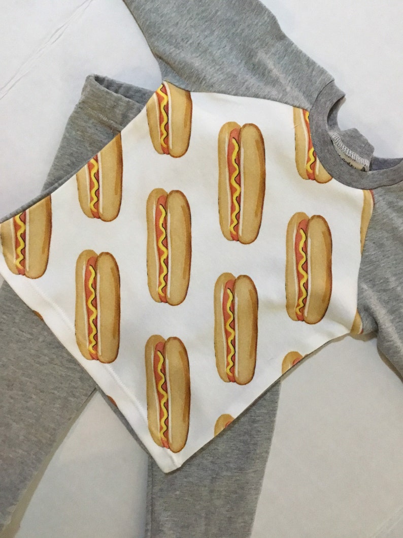 Hot dog print pajamas Organic cotton jersey pajamas Children\u2019s pajamas Toddlers pajamas Hot dogs with grey or mustard colored jersey