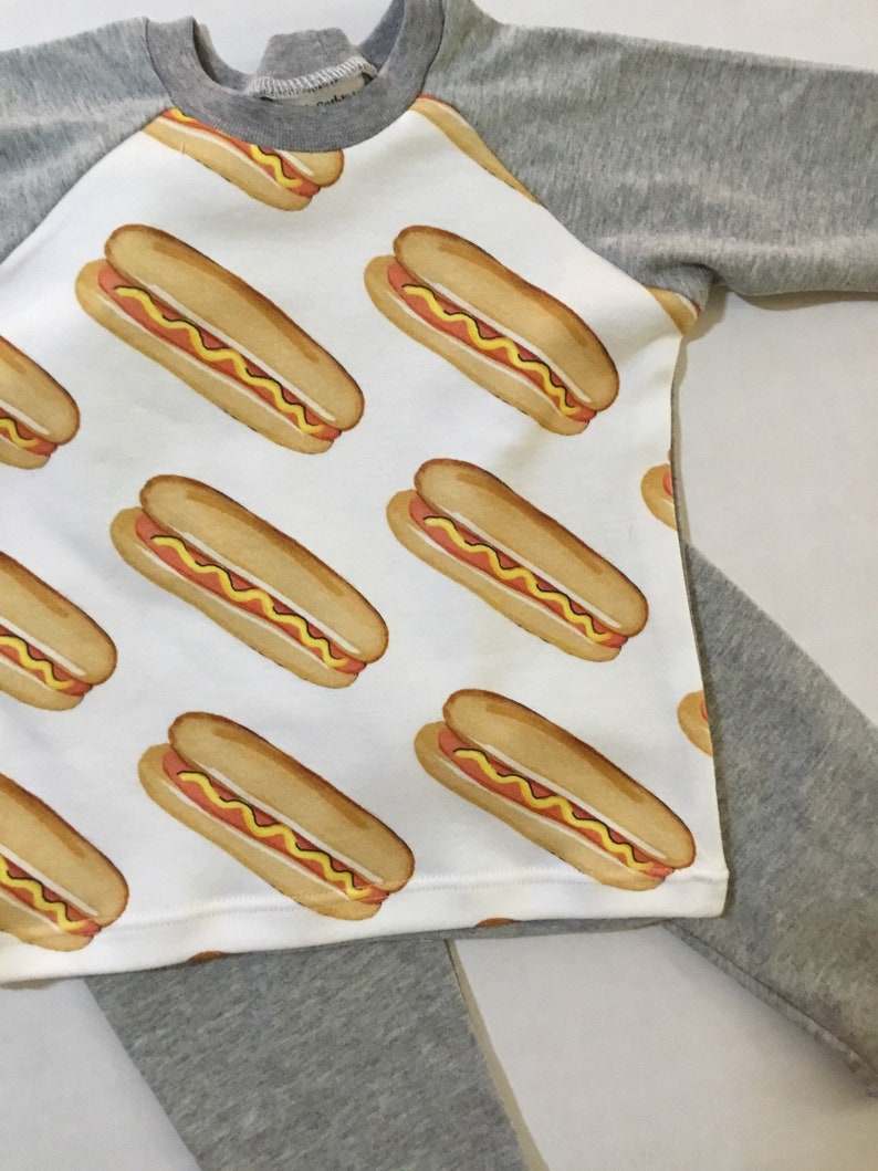 Hot dog print pajamas Organic cotton jersey pajamas Children\u2019s pajamas Toddlers pajamas Hot dogs with grey or mustard colored jersey