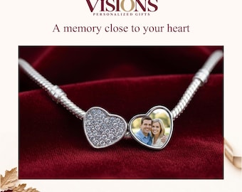 Personalized Heart Photo Charm, Custom Engraved Picture Bead, Pandora Compatible Charms, Gift for Her