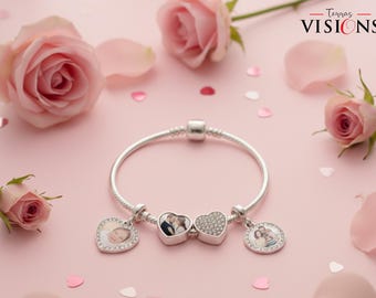 Pulsera con foto personalizada: compatible con pulseras Pandora y europeas. Dije colgante de corazón con foto, nombre personalizado y foto grabada.
